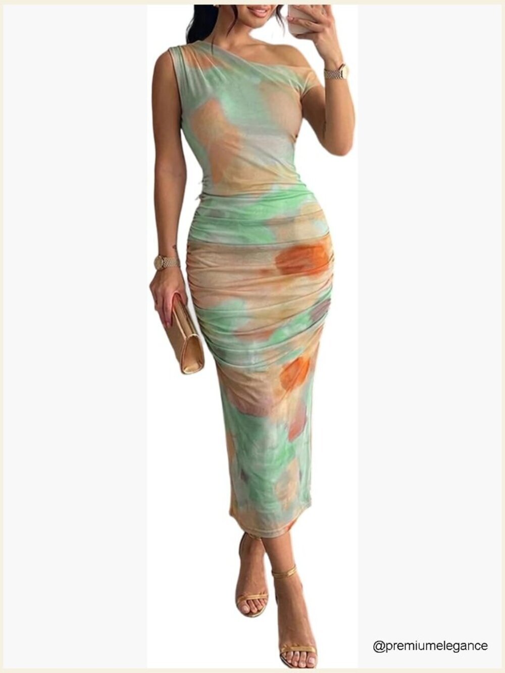 One Shoulder Ruched Bodycon Midi Dress Mesh Tie-Dye Party - Picture 1 of 7